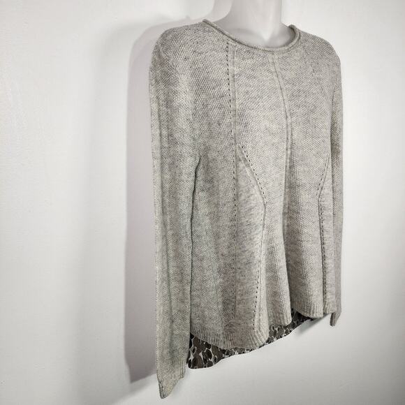 Coin 1804 Women Sweater Gray Split Back Leaf Print Shirttail Hem Pointelle Small - Picture 4 of 8